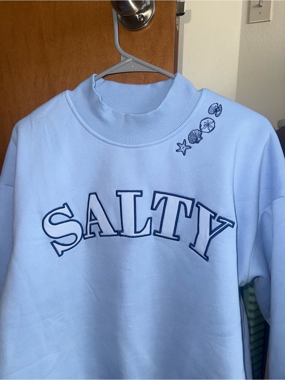Salty Embroidered Light Blue Mockneck Sweatshirt